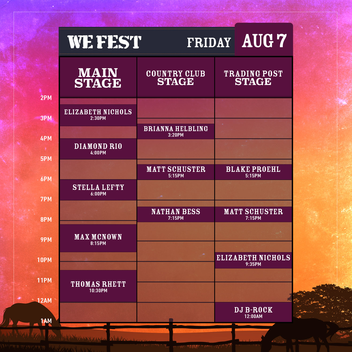 2026 Daily Lineups WE Fest Country Music Festival WE Fest Daily Schedule FRIDAY Website 071626 